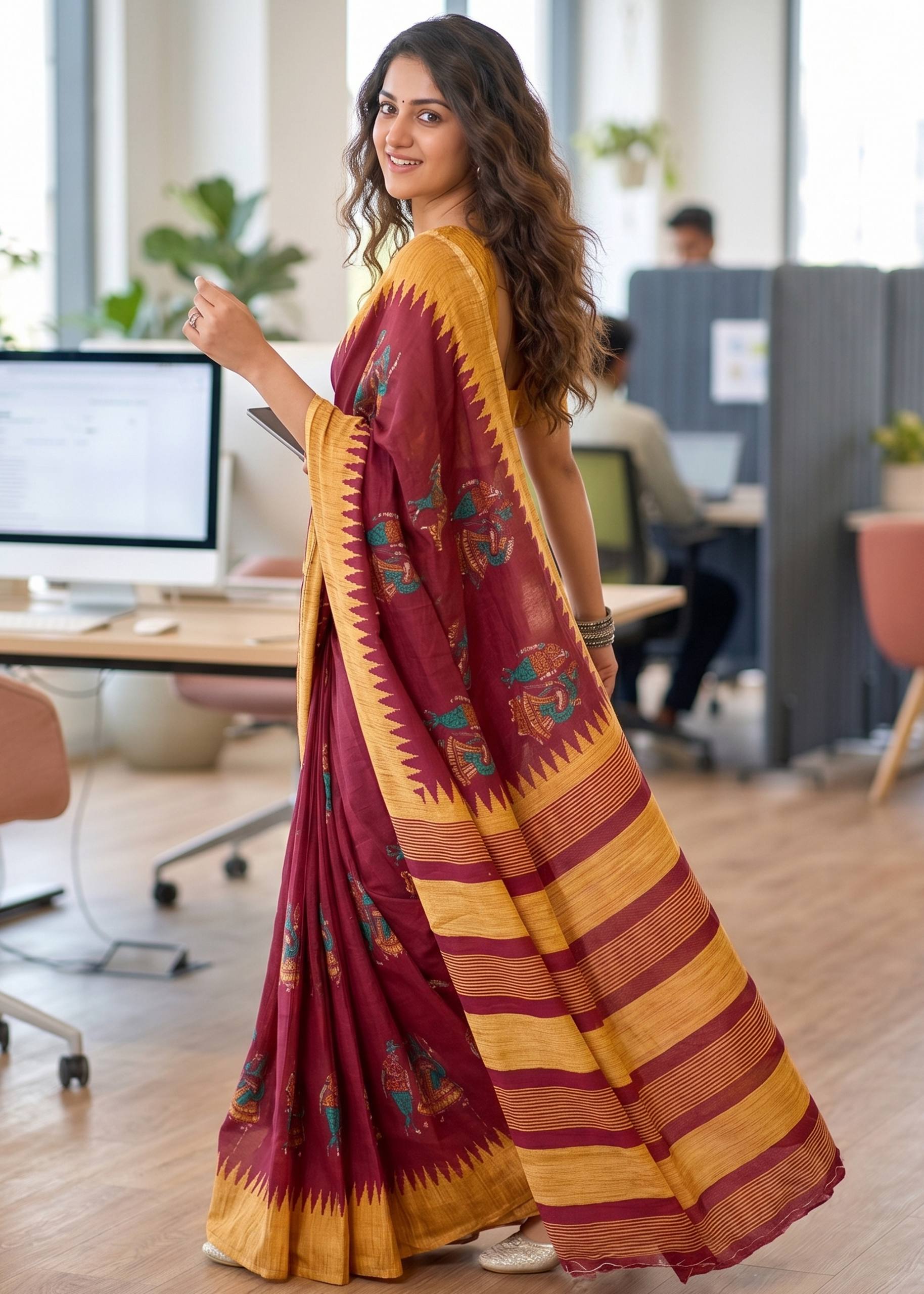PURE SOFT MULMUL COTTON KALAMKARI HAND BLOCK PRINTE MAROON SAREE WITH BLOUSE