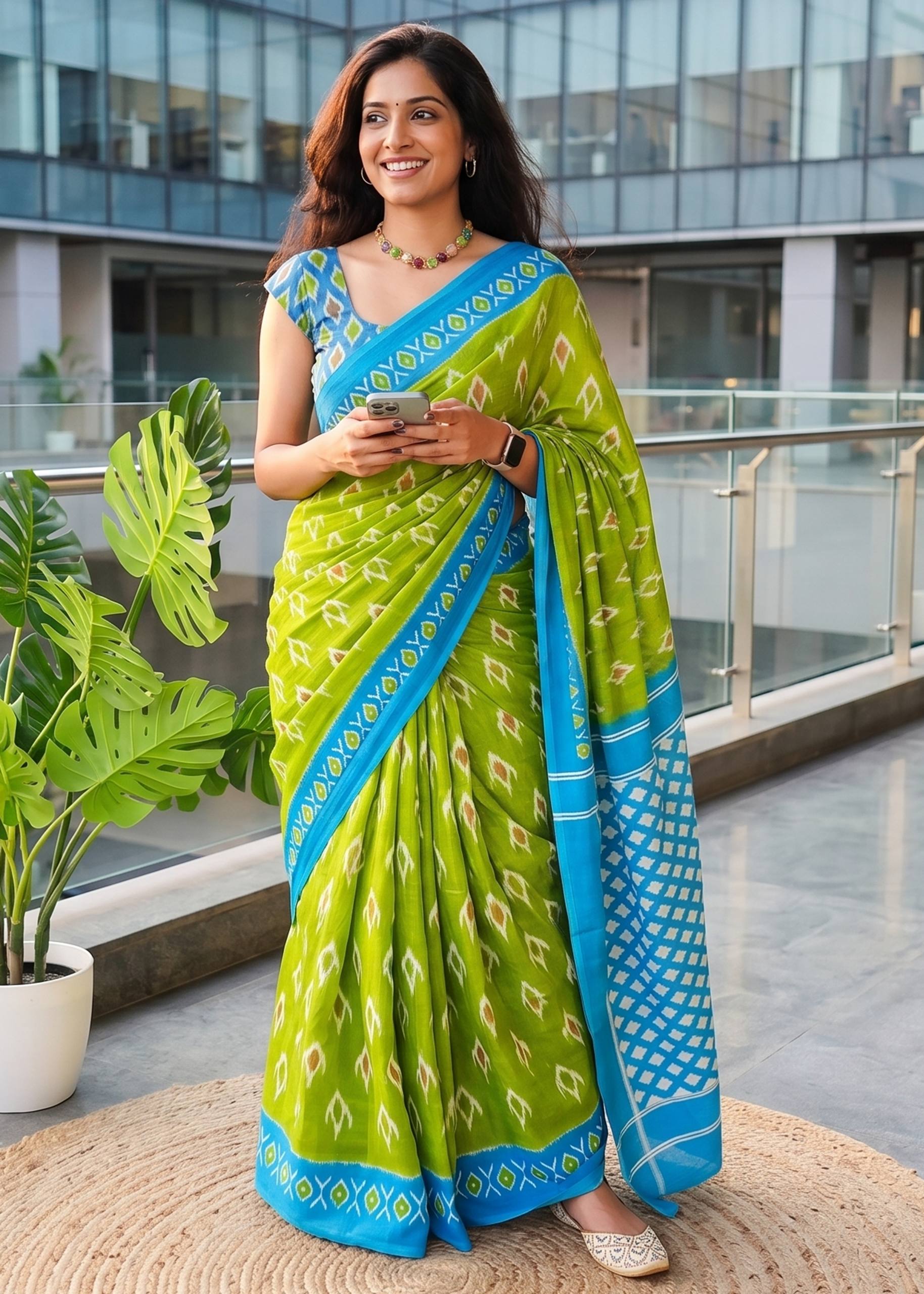 PURE MULMUL COTTON IKKAT PRINT MEHANDI GREEN SAREE WITH BLOUSE