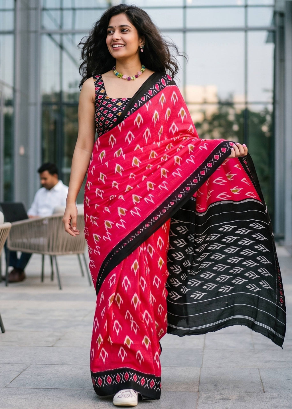 PURE MULMUL COTTON IKKAT PRINT BLACK SAREE WITH BLOUSE