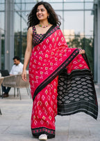 PURE MULMUL COTTON IKKAT PRINT BLACK SAREE WITH BLOUSE