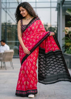 PURE MULMUL COTTON IKKAT PRINT BLACK SAREE WITH BLOUSE