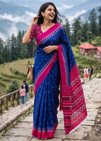 PURE SOFT COTTON BAGRU PRINTE BLUE SAREE WITH BLOUSE