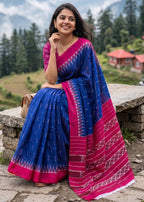PURE SOFT COTTON BAGRU PRINTE BLUE SAREE WITH BLOUSE