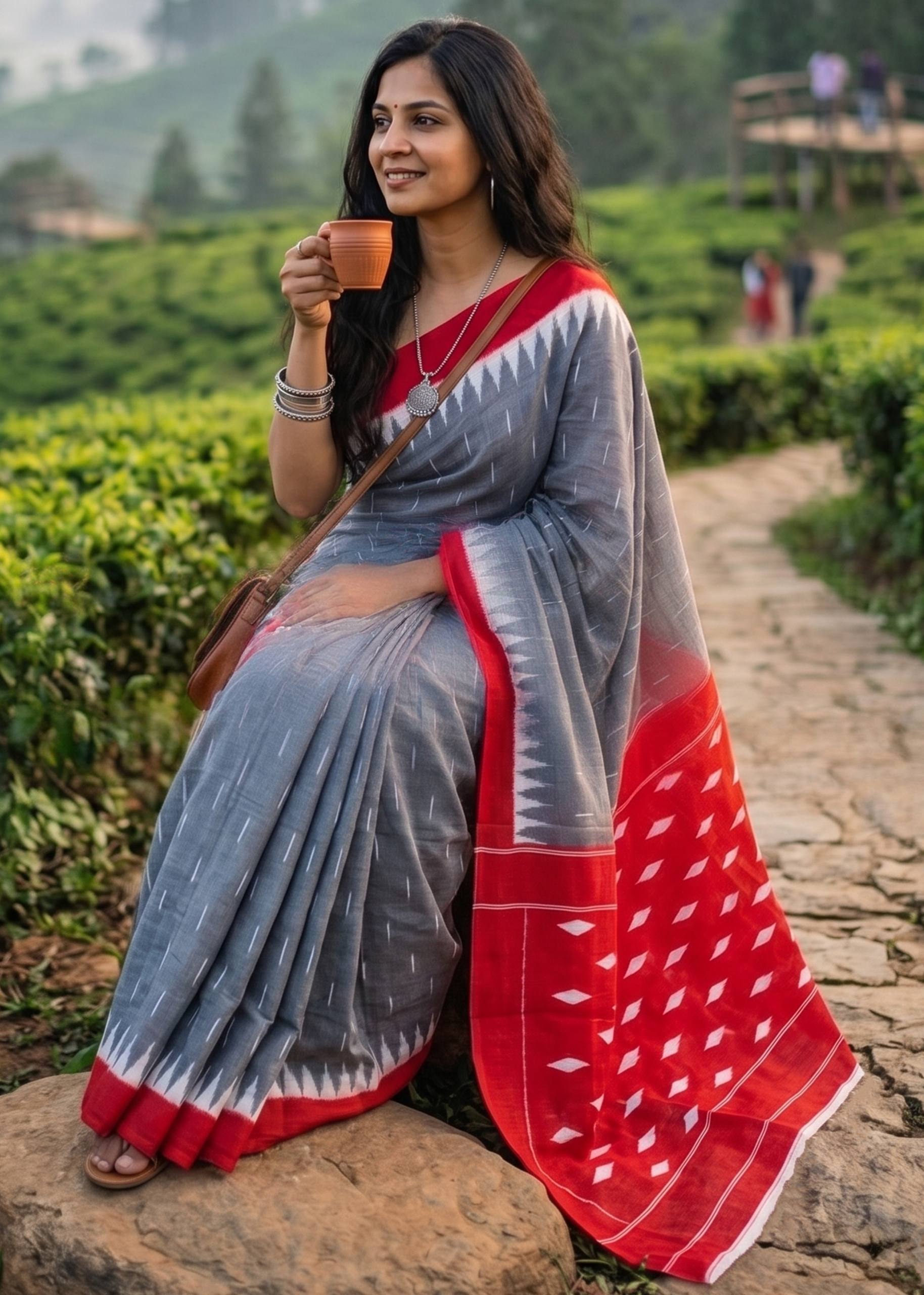 PURE SOFT COTTON BAGRU PRINTE GREY SAREE WITH BLOUSE