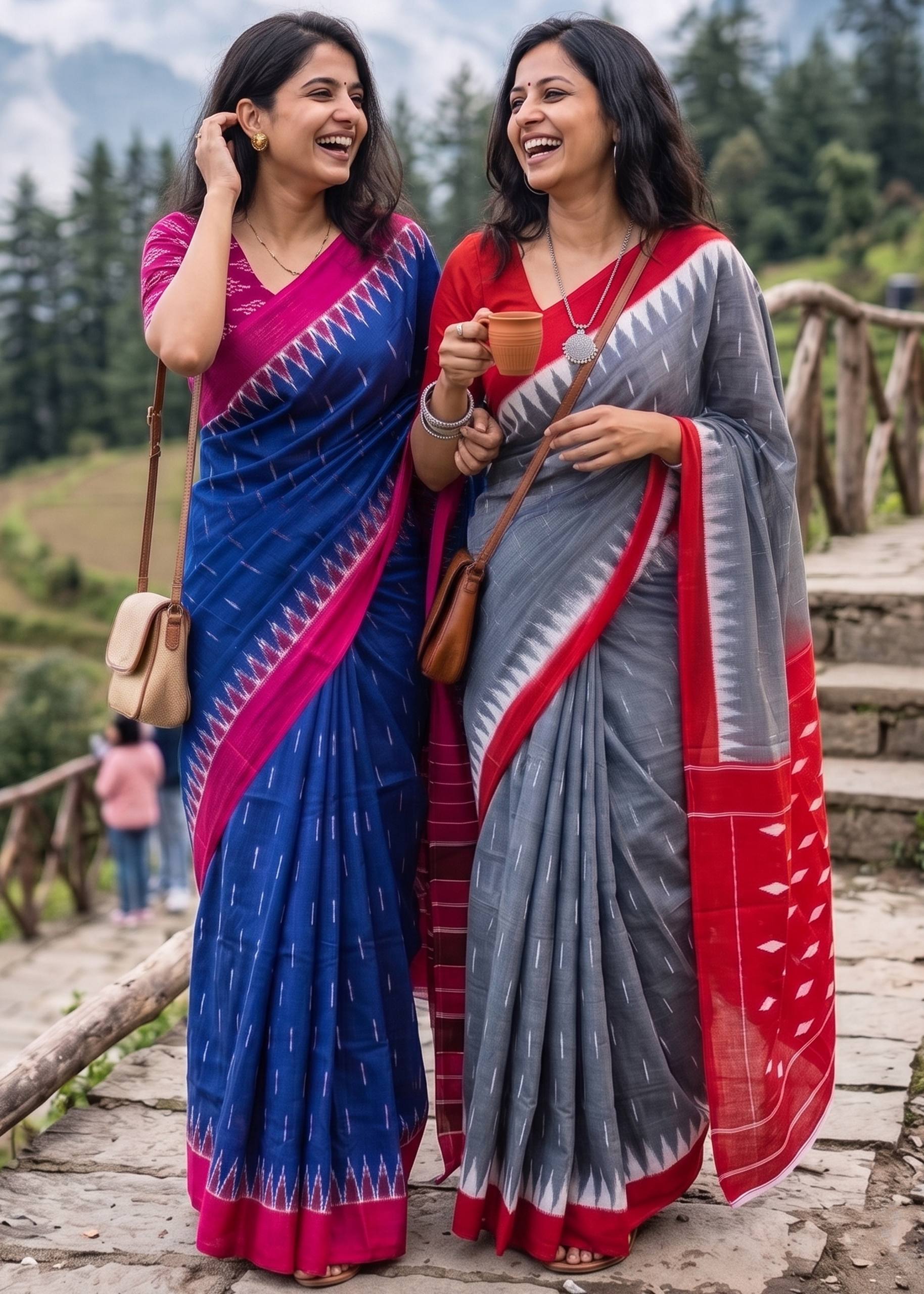 PURE SOFT COTTON BAGRU PRINTE BLUE SAREE WITH BLOUSE