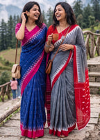 PURE SOFT COTTON BAGRU PRINTE GREY SAREE WITH BLOUSE