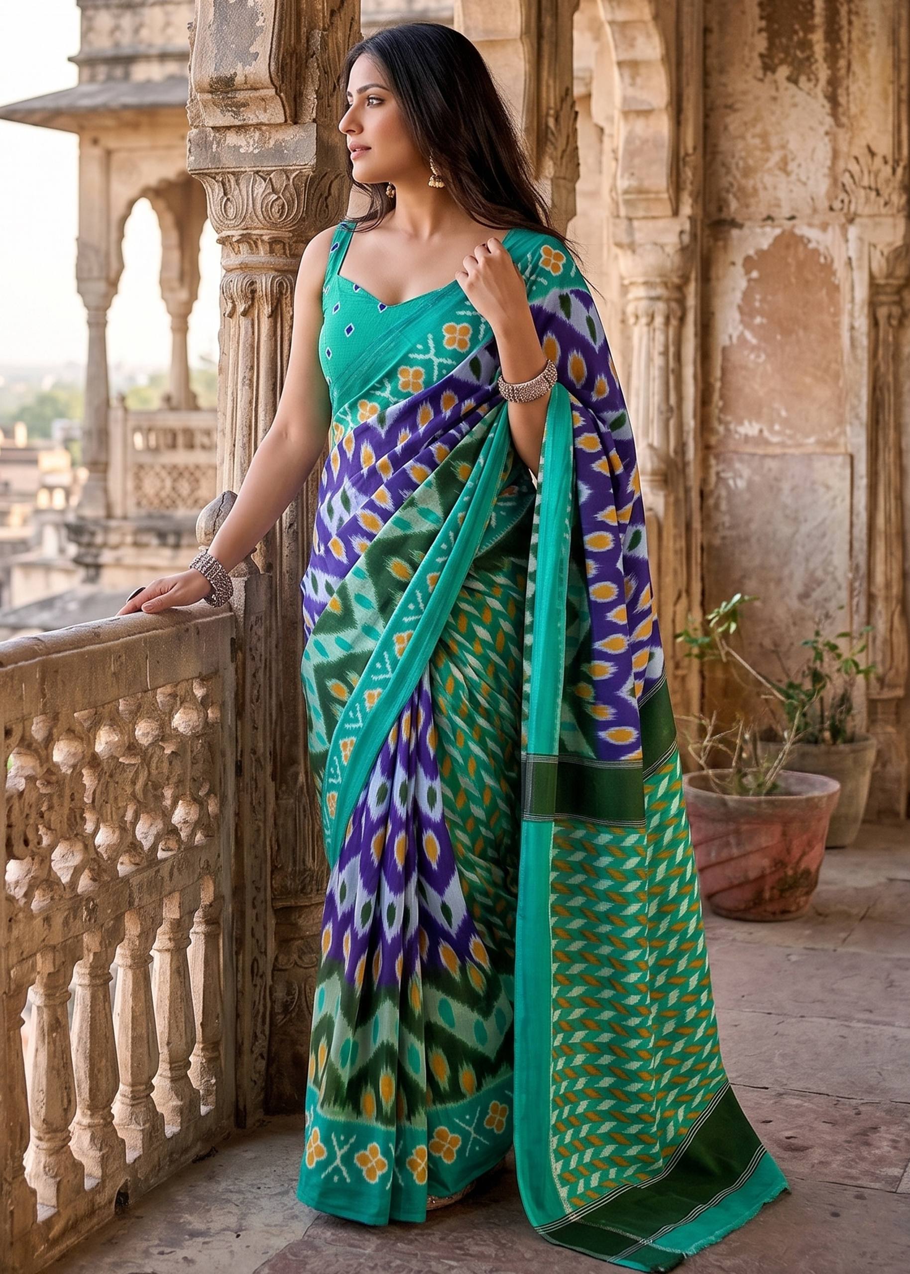 PURE MULMUL COTTON IKKAT PRINT BLUE SAREE WITH BLOUSE
