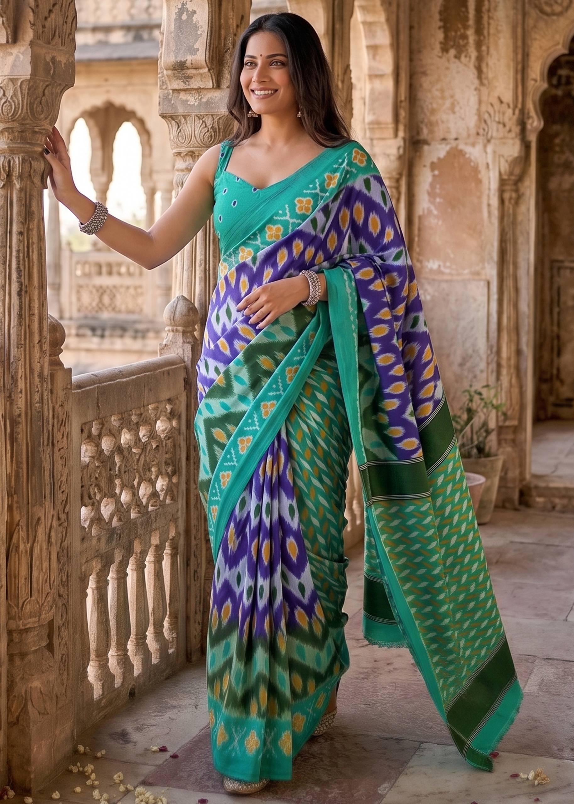 PURE MULMUL COTTON IKKAT PRINT BLUE SAREE WITH BLOUSE