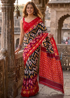 PURE MULMUL COTTON IKKAT PRINT RED SAREE WITH BLOUSE
