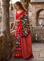 PURE MULMUL COTTON IKKAT PRINT RED SAREE WITH BLOUSE