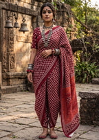 PURE COTTON JAIPUR BLOCK PRINT RED SAREE WITH BLOUSE