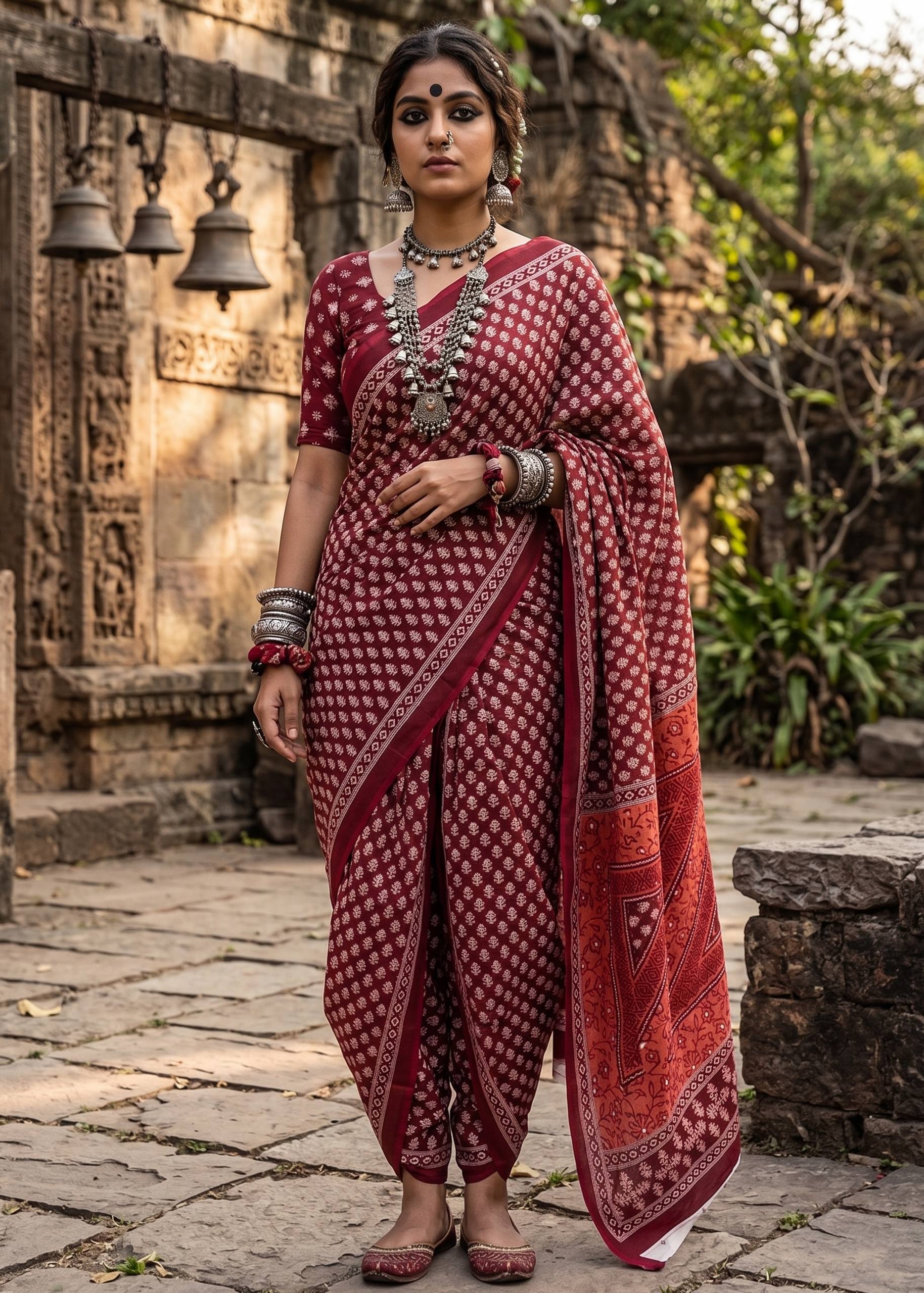 PURE COTTON JAIPUR BLOCK PRINT RED SAREE WITH BLOUSE