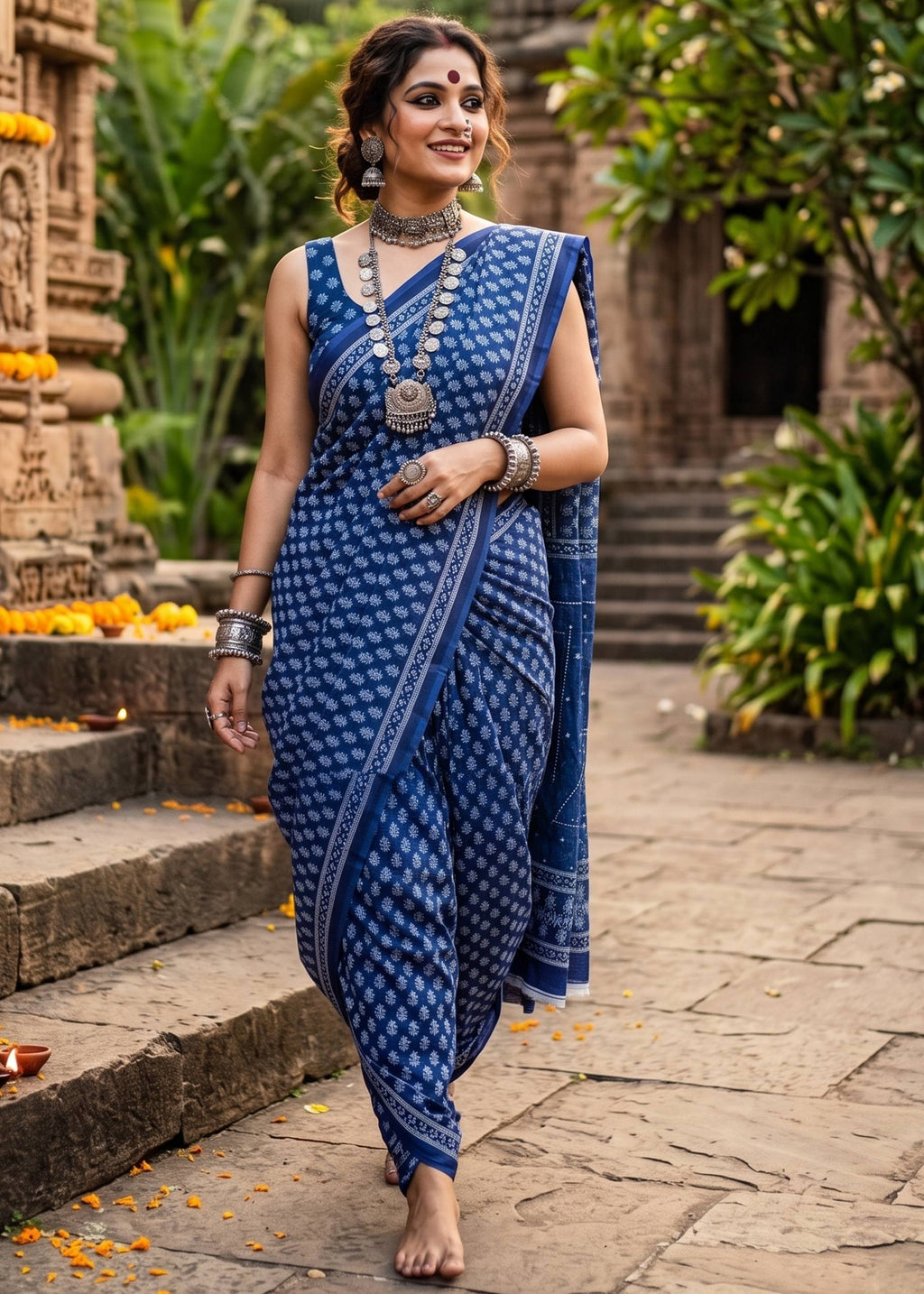 PURE COTTON JAIPUR BLOCK PRINT BLUE SAREE WITH BLOUSE