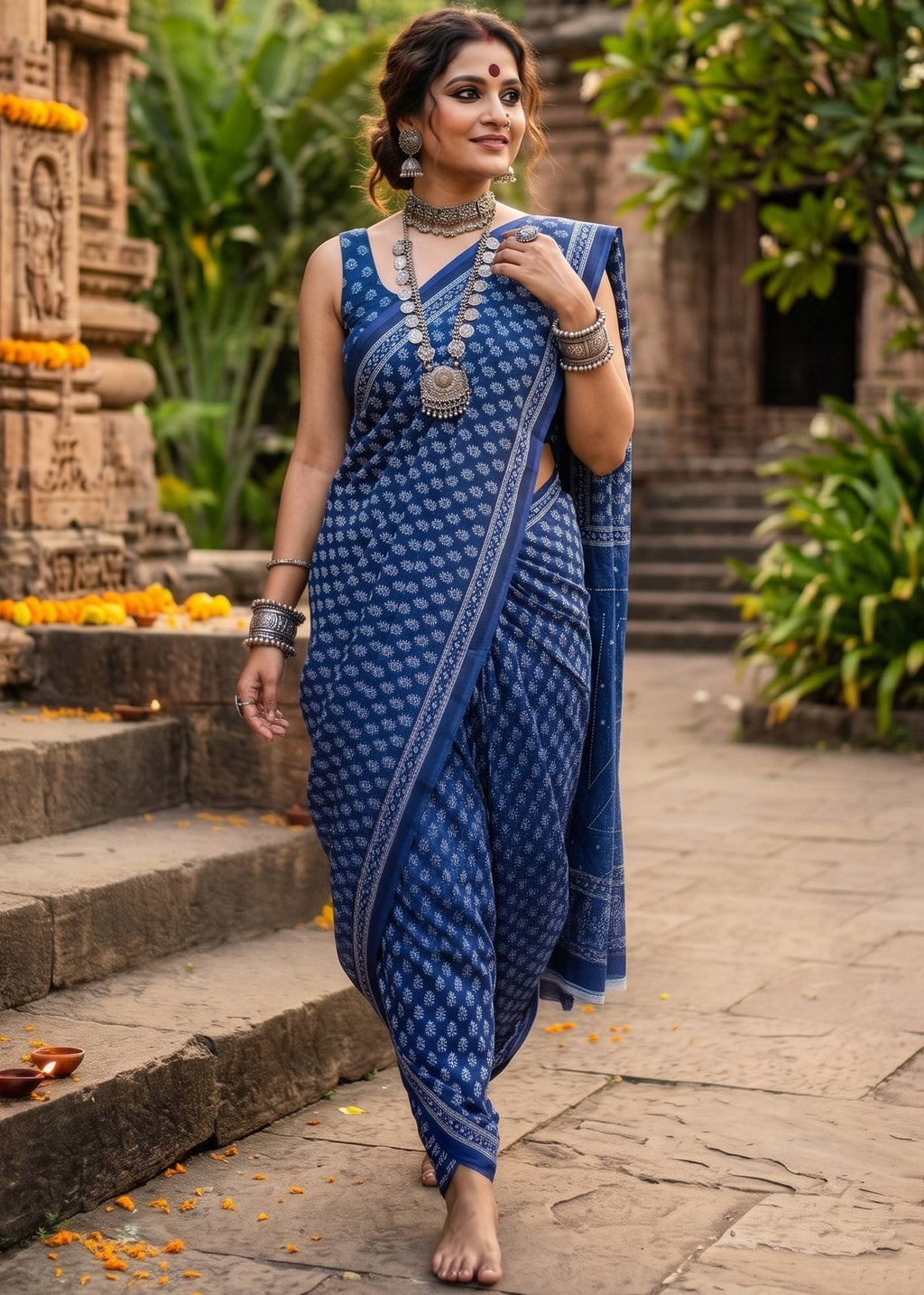 PURE COTTON JAIPUR BLOCK PRINT BLUE SAREE WITH BLOUSE