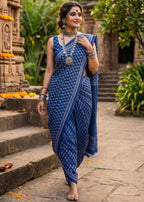 PURE COTTON JAIPUR BLOCK PRINT BLUE SAREE WITH BLOUSE