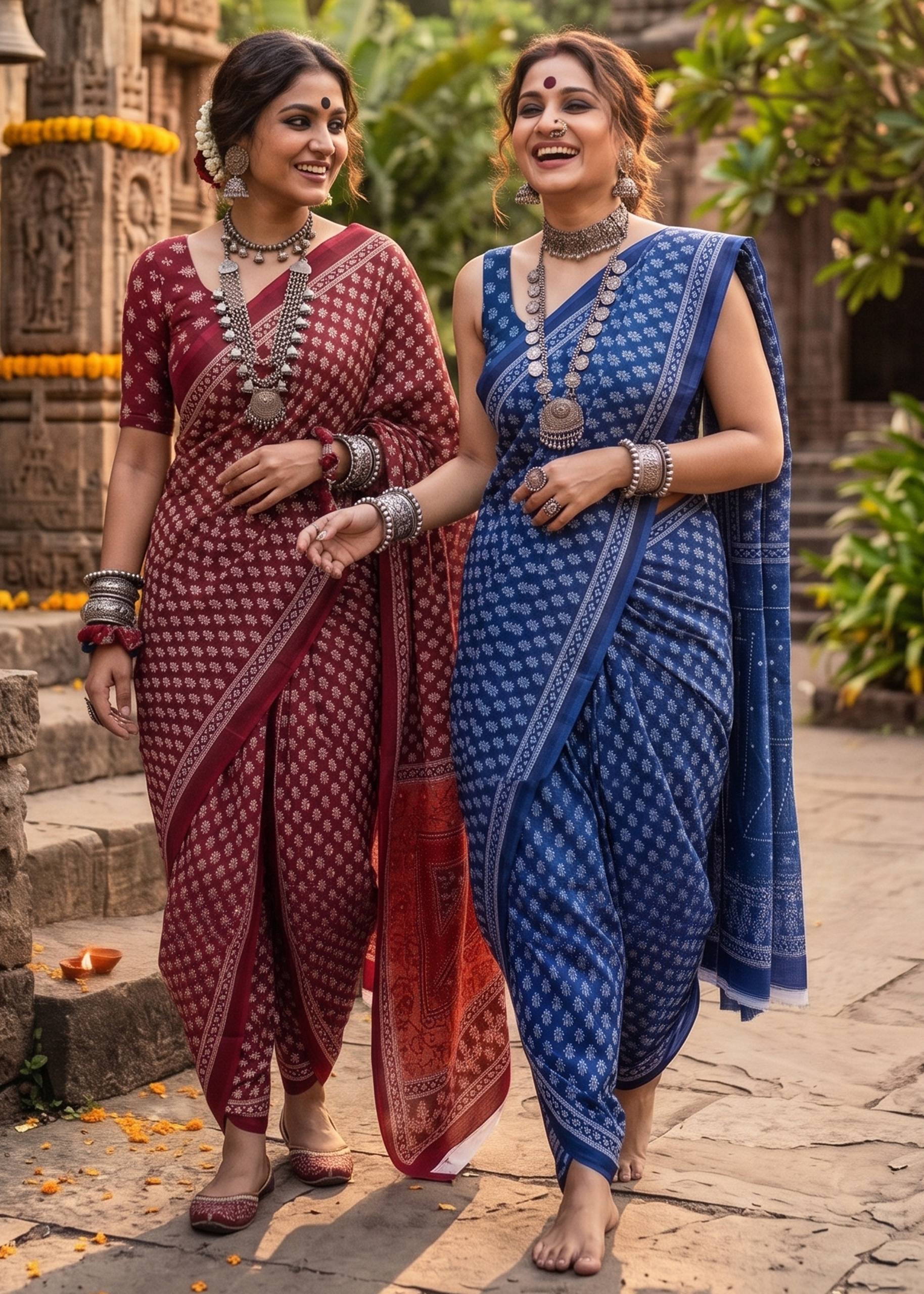 PURE COTTON JAIPUR BLOCK PRINT RED SAREE WITH BLOUSE