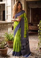 PURE SOFT COTTON BAGRU PRINTE GREEN SAREE WITH BLOUSE