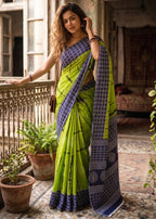 PURE SOFT COTTON BAGRU PRINTE GREEN SAREE WITH BLOUSE
