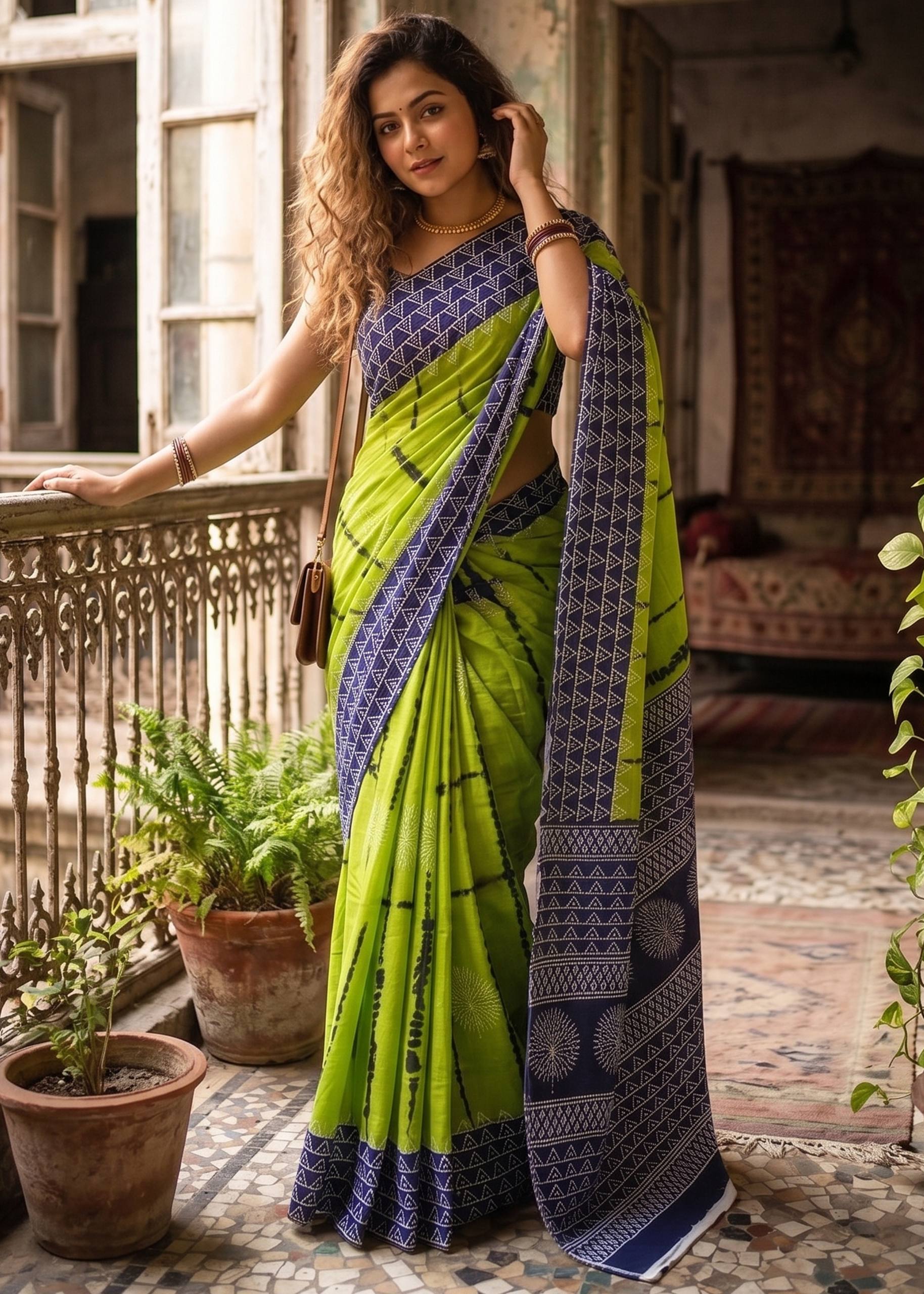 PURE SOFT COTTON BAGRU PRINTE GREEN SAREE WITH BLOUSE
