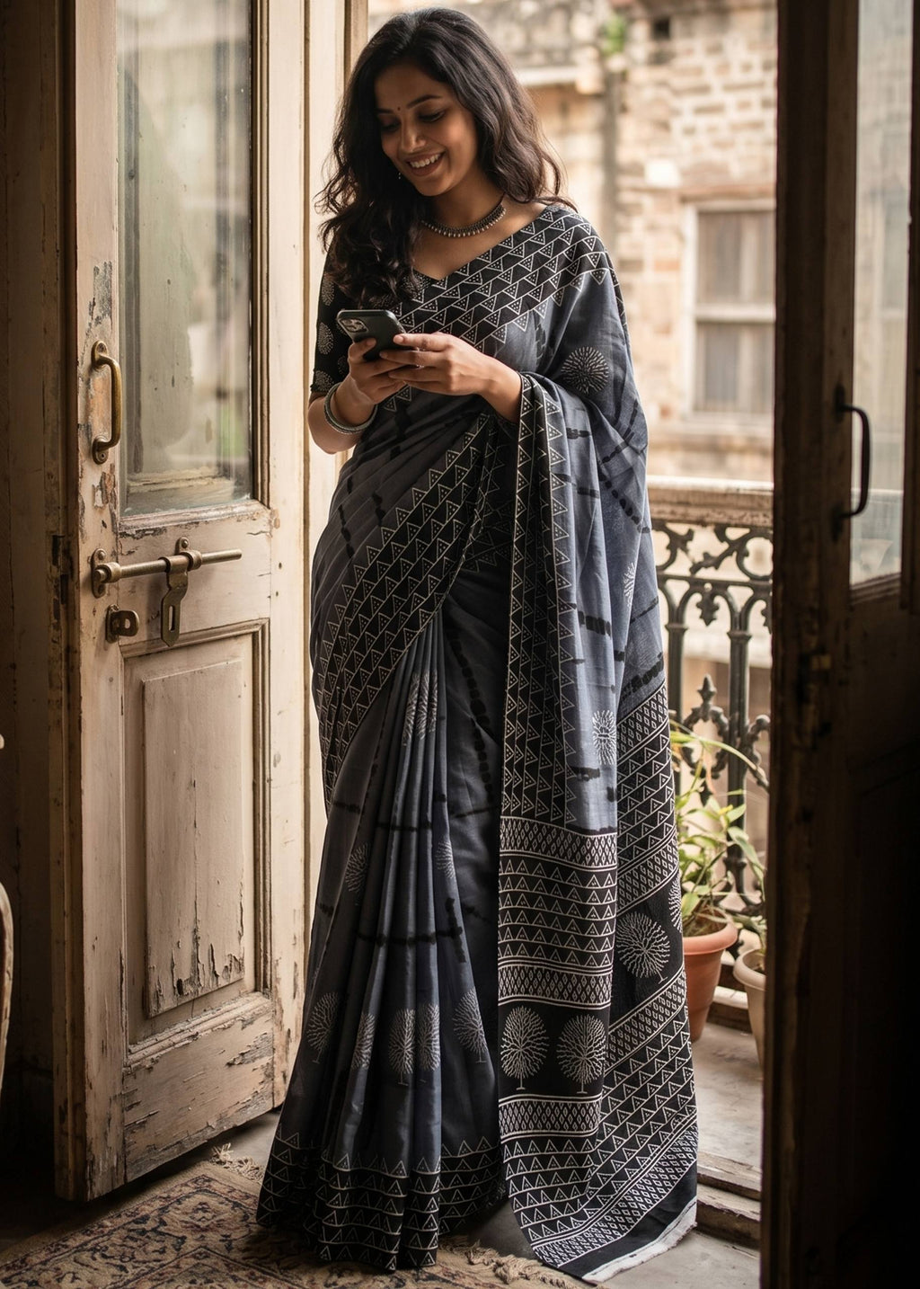 PURE SOFT COTTON BAGRU PRINTE GREY SAREE WITH BLOUSE