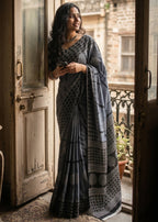 PURE SOFT COTTON BAGRU PRINTE GREY SAREE WITH BLOUSE