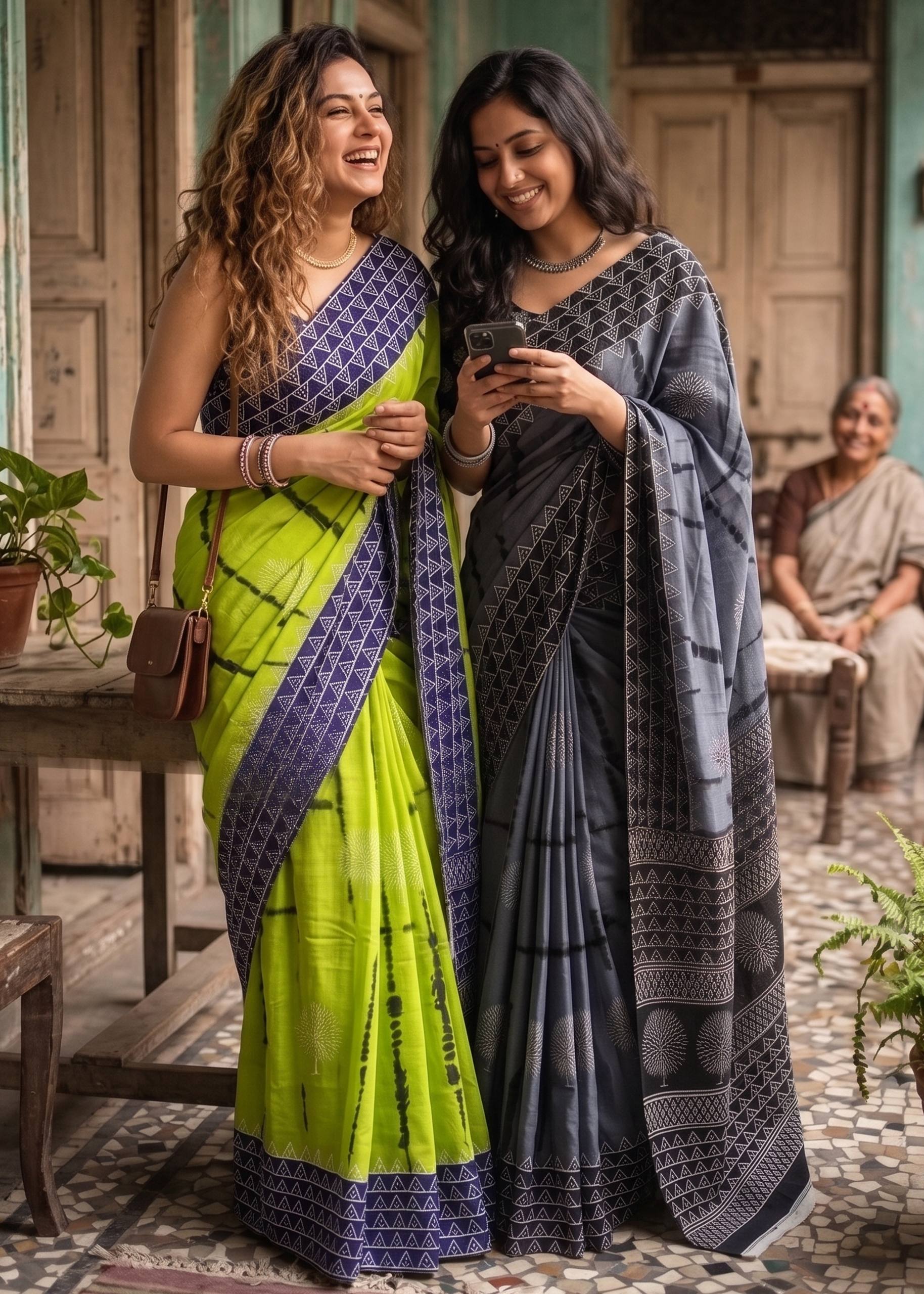 PURE SOFT COTTON BAGRU PRINTE GREY SAREE WITH BLOUSE