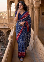 PURE MULMUL COTTON IKKAT HAND BLOCK PRINT NEVY BLUE SAREE WITH BLOUSE