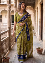 PURE MULMUL COTTON IKKAT HAND BLOCK PRINT OLIVE SAREE WITH BLOUSE