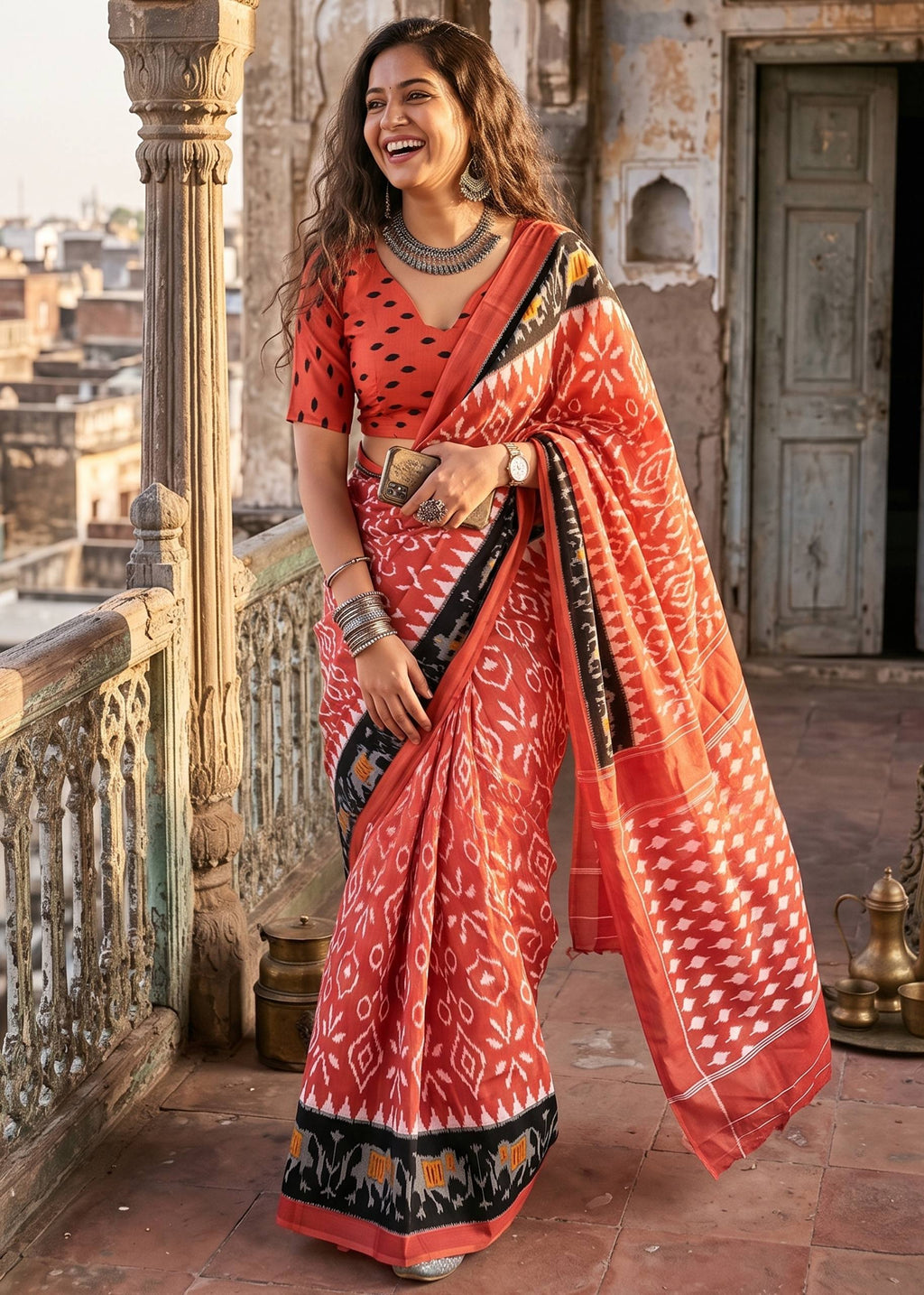 PURE MULMUL COTTON IKKAT HAND BLOCK PRINT MULTICOLOR SAREE WITH BLOUSE