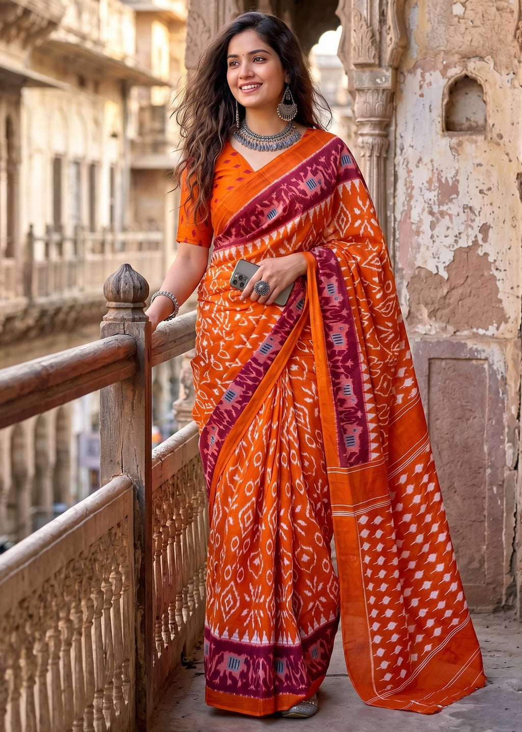 PURE MULMUL COTTON IKKAT HAND BLOCK PRINT ORANGE SAREE WITH BLOUSE