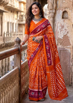 PURE MULMUL COTTON IKKAT HAND BLOCK PRINT ORANGE SAREE WITH BLOUSE