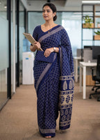 PURE MULMUL COTTON HAND BANDHANI WITH AJRAKH BLOCK PRINT NEVY BLUE SAREE WITH BLOUSE