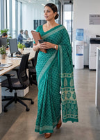 PURE MULMUL COTTON HAND BANDHANI WITH AJRAKH BLOCK PRINT TEAL SAREE WITH BLOUSEPURE MULMUL COTTON HAND BANDHANI WITH AJRAKH BLOCK PRINT SAREE WITH BLOUSE