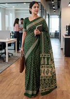 PURE MULMUL COTTON HAND BANDHANI WITH AJRAKH BLOCK PRINT GREEN SAREE WITH BLOUSE