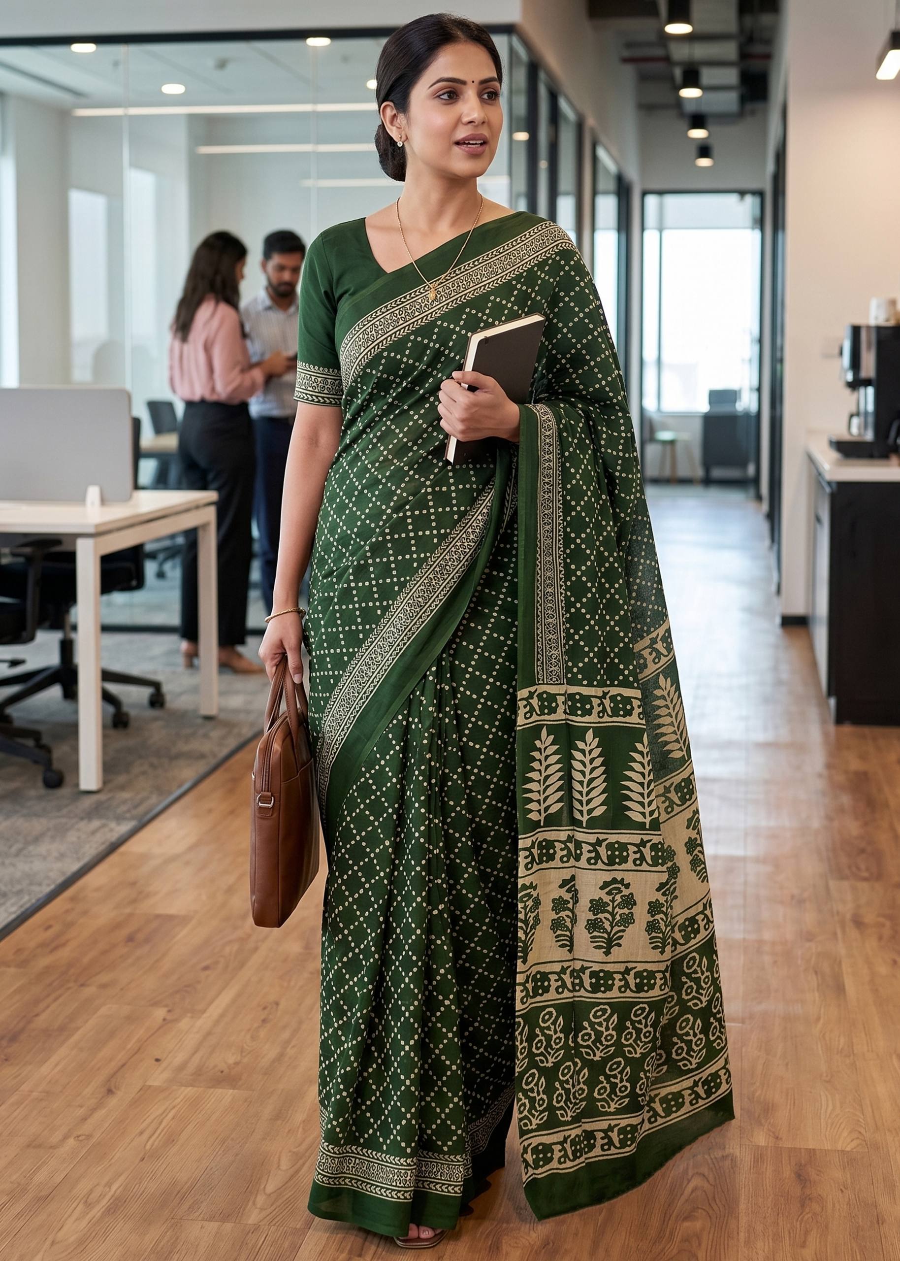 PURE MULMUL COTTON HAND BANDHANI WITH AJRAKH BLOCK PRINT GREEN SAREE WITH BLOUSE