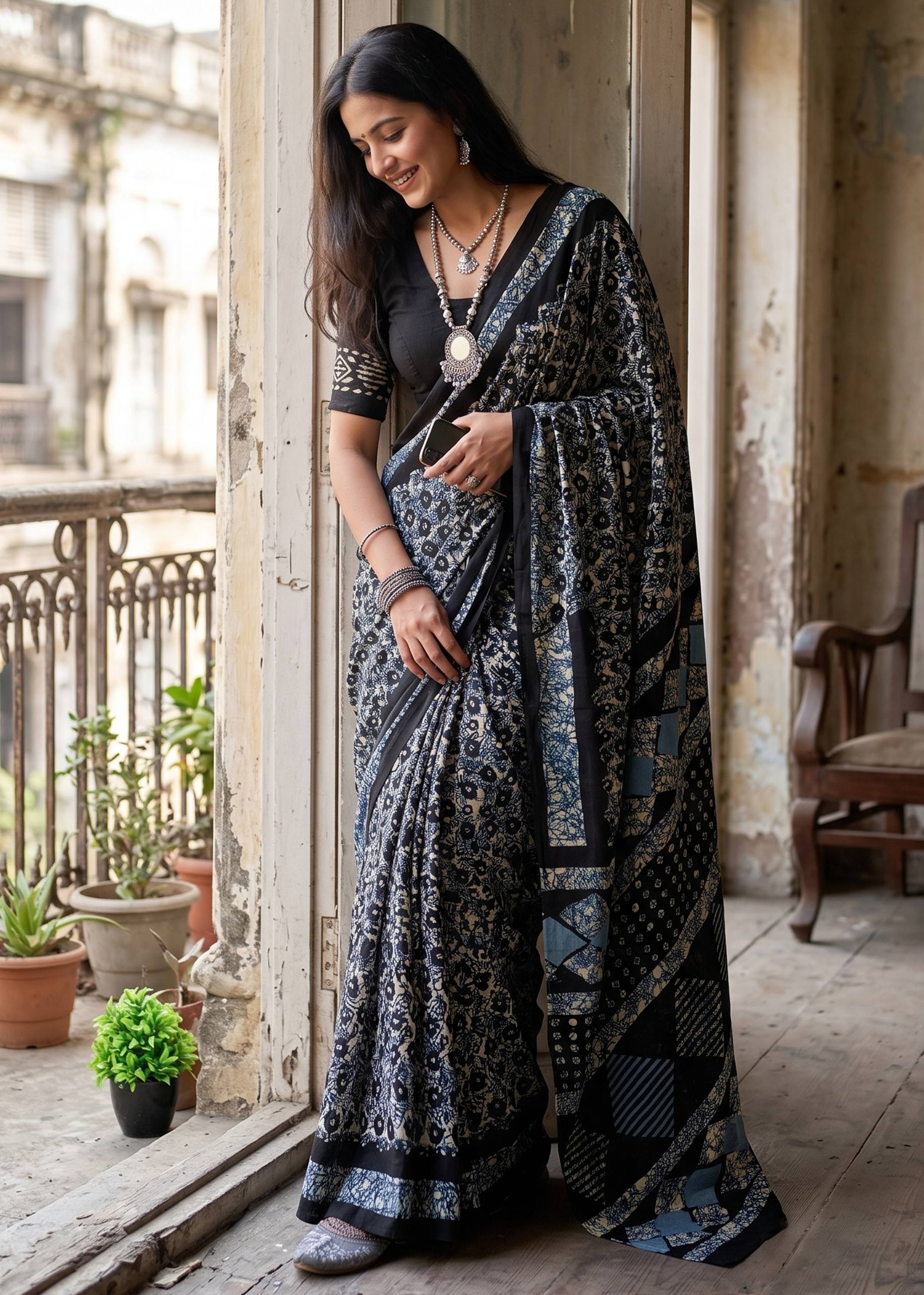 PURE MULMUL COTTON BATIK PRINT GREY SAREE WITH BLOUSE