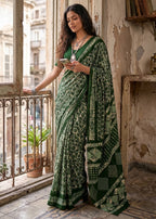 PURE MULMUL COTTON BATIK PRINT GREEN SAREE WITH BLOUSE