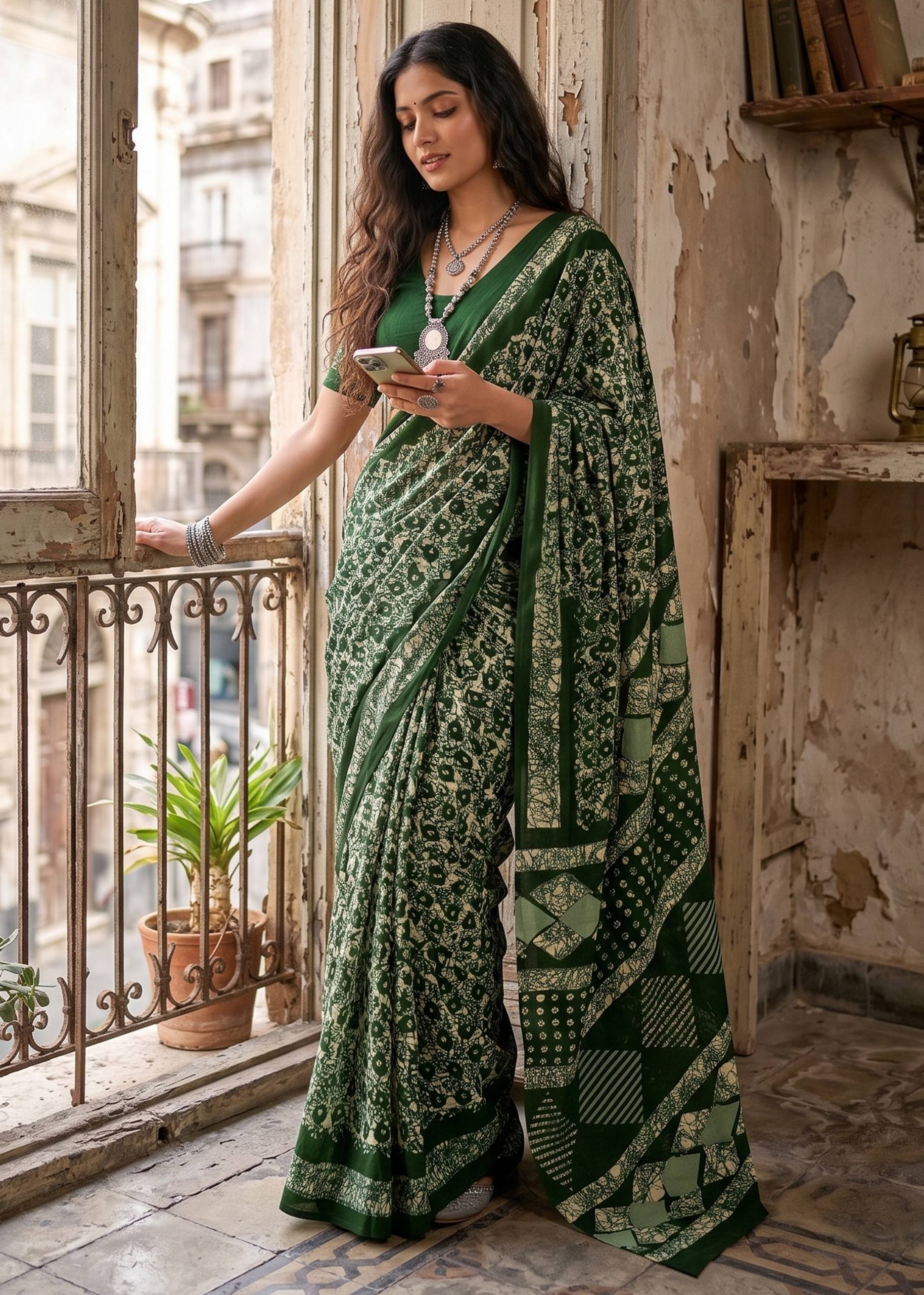 PURE MULMUL COTTON BATIK PRINT GREEN SAREE WITH BLOUSE