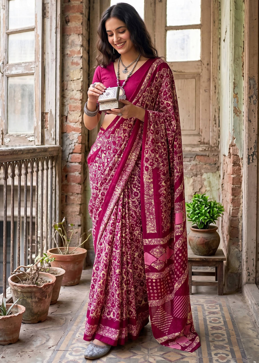 PURE MULMUL COTTON BATIK PRINT MAGENTA SAREE WITH BLOUSE