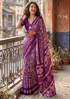 PURE MULMUL COTTON BATIK PRINT PURPLE SAREE WITH BLOUSE