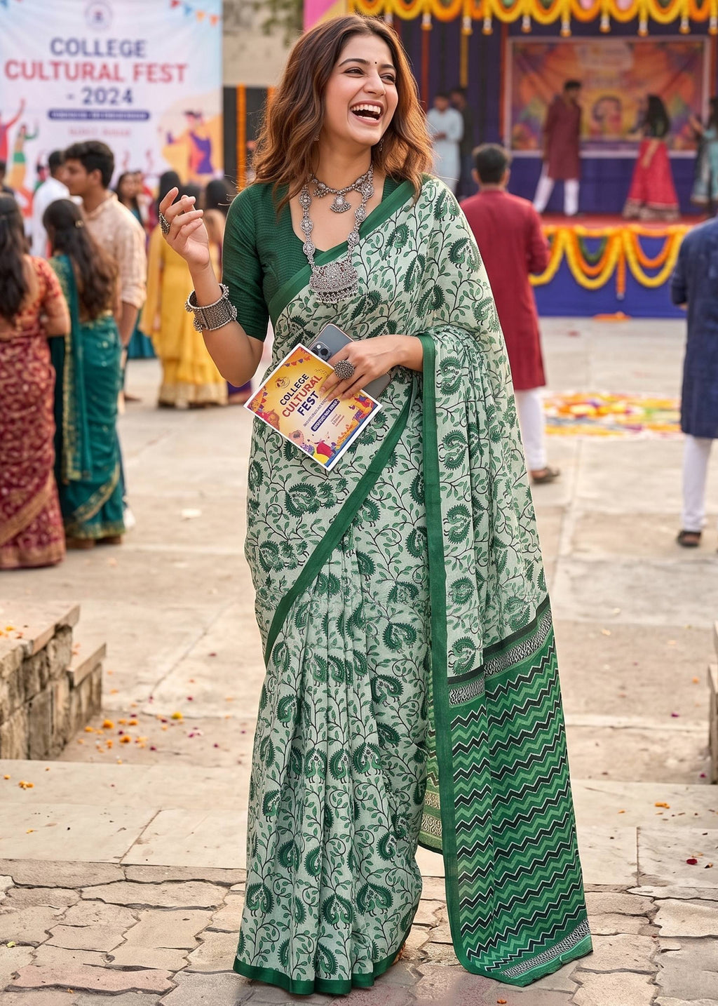 PURE MULMUL COTTON BAGRU PRINT GREEN SAREE WITH BLOUSE