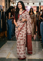 PURE MULMUL COTTON BAGRU PRINT MAROON SAREE WITH BLOUSE