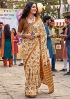 PURE MULMUL COTTON BAGRU PRINT MUSTARD SAREE WITH BLOUSE