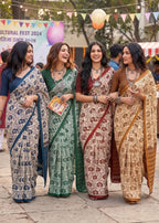 PURE MULMUL COTTON BAGRU PRINT TEAL SAREE WITH BLOUSE
