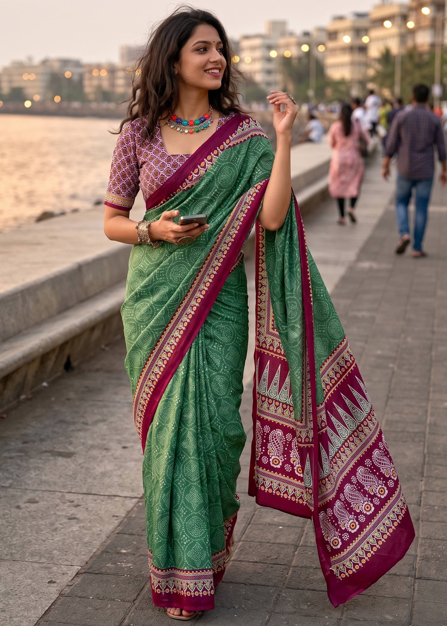 PURE MULMUL COTTON BANDHANI PRINT GREEN SAREE WIYH BLOUSE