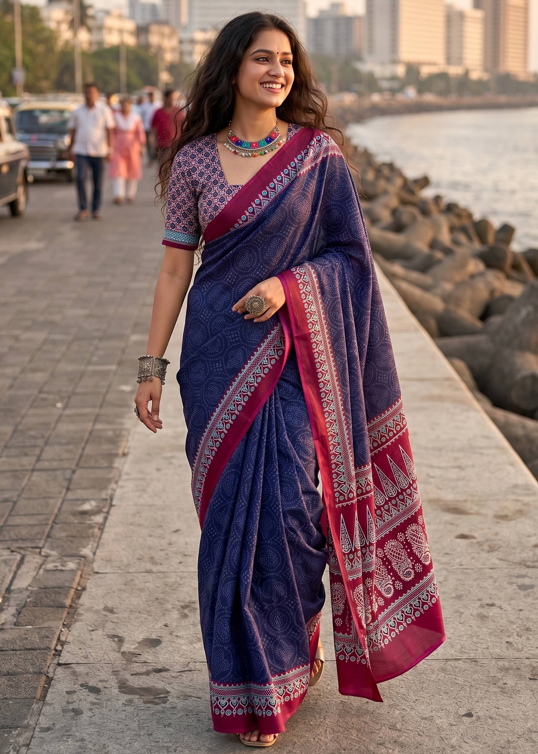 PURE MULMUL COTTON BANDHANI PRINT BLUE SAREE WIYH BLOUSE