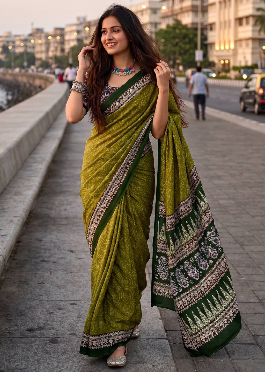 PURE MULMUL COTTON BANDHANI PRINT OLIVE SAREE WIYH BLOUSE