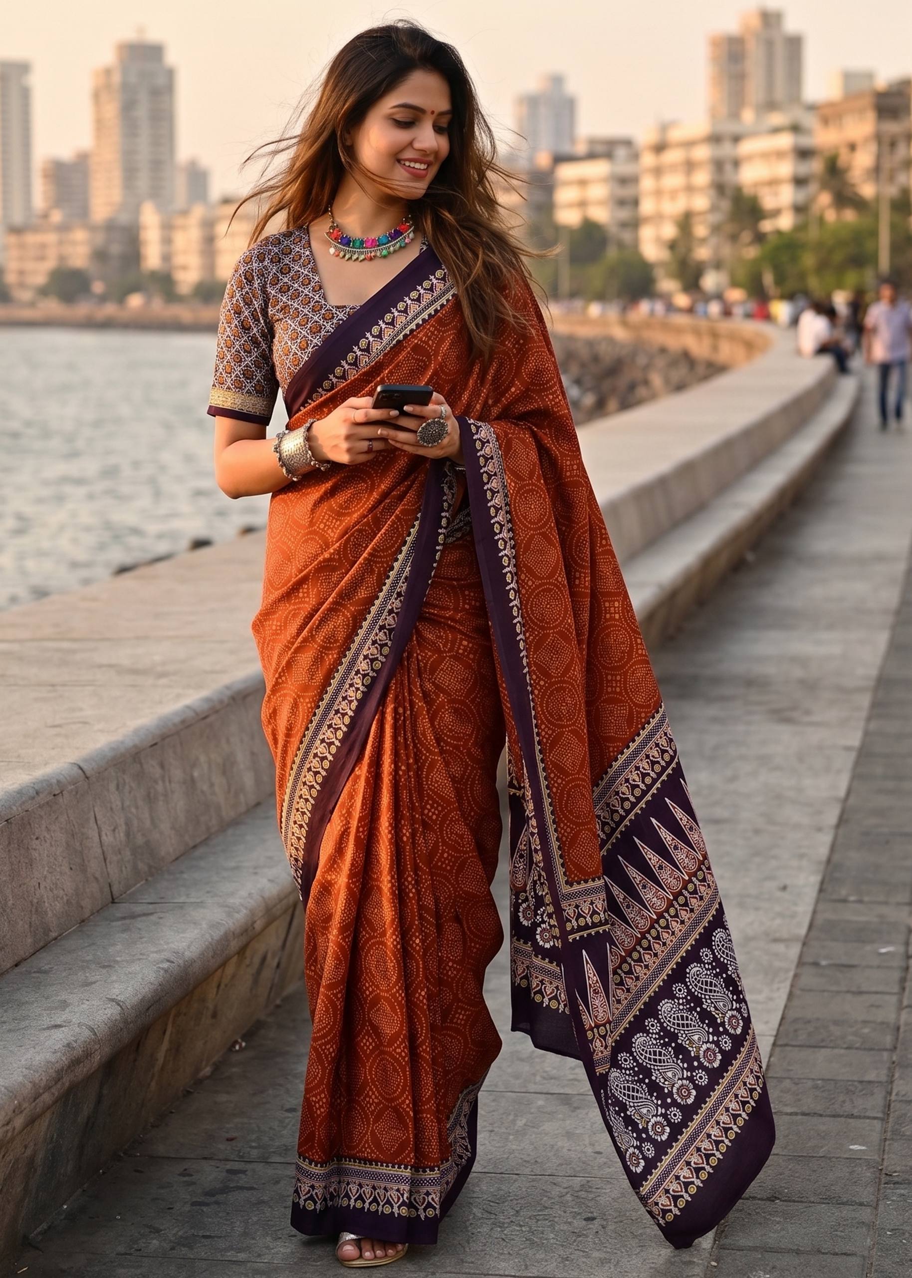 PURE MULMUL COTTON BANDHANI PRINT ORANGE SAREE WIYH BLOUSE