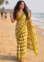 PURE MULMUL COTTON ZIGZAG HAND BLOCK PRINTE MEHANDI GREEN SAREE WITH BLOUSE