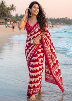 PURE MULMUL COTTON ZIGZAG HAND BLOCK PRINTE PINK SAREE WITH BLOUSE